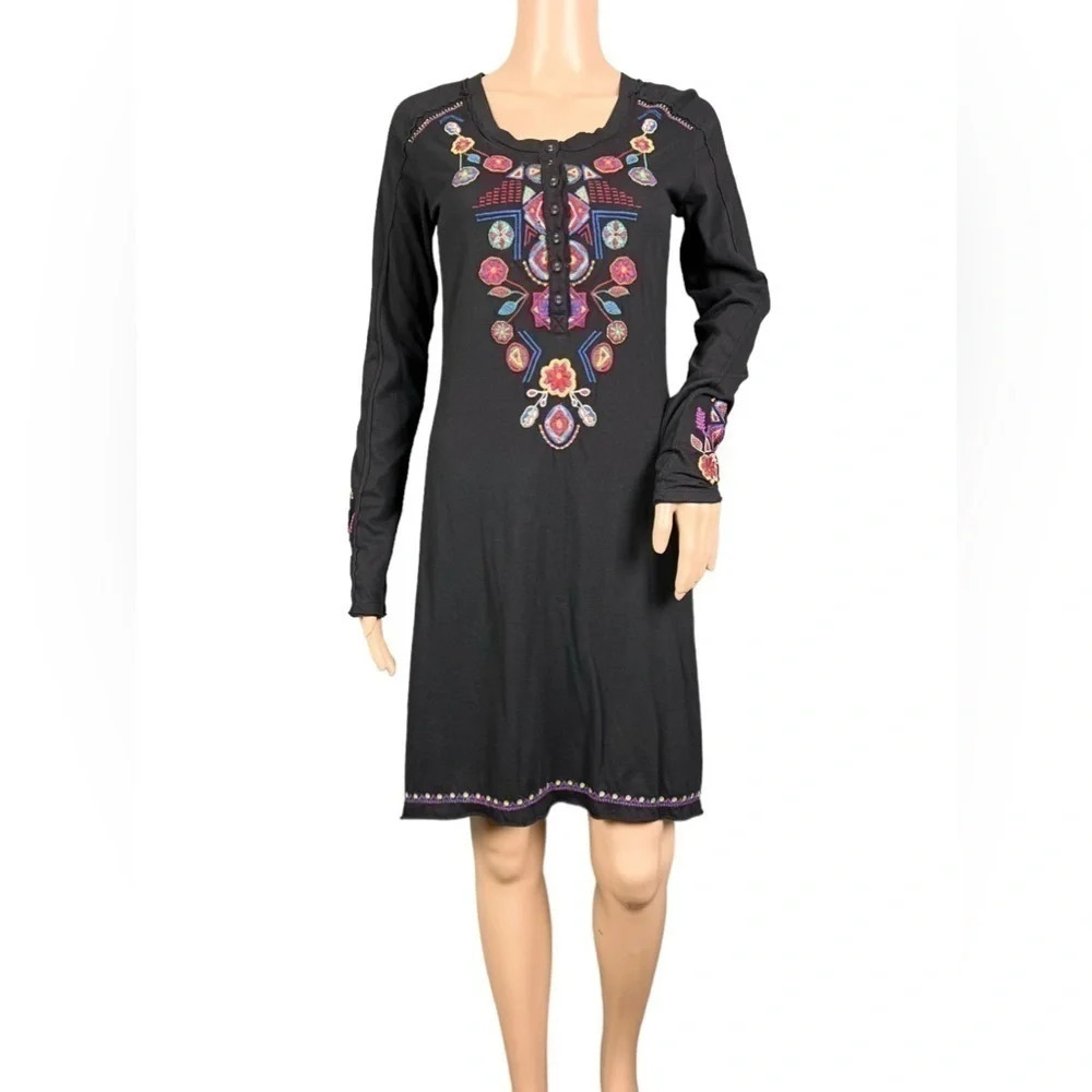 JOHNNY WAS COTTON BLACK FLORAL EMBROIDERED LONG SLEEVE DRESS SIZE XS